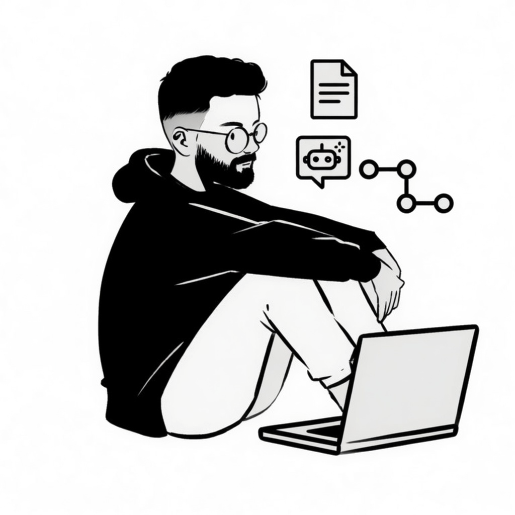 Editorial illustration of Mario working with applied AI interfaces