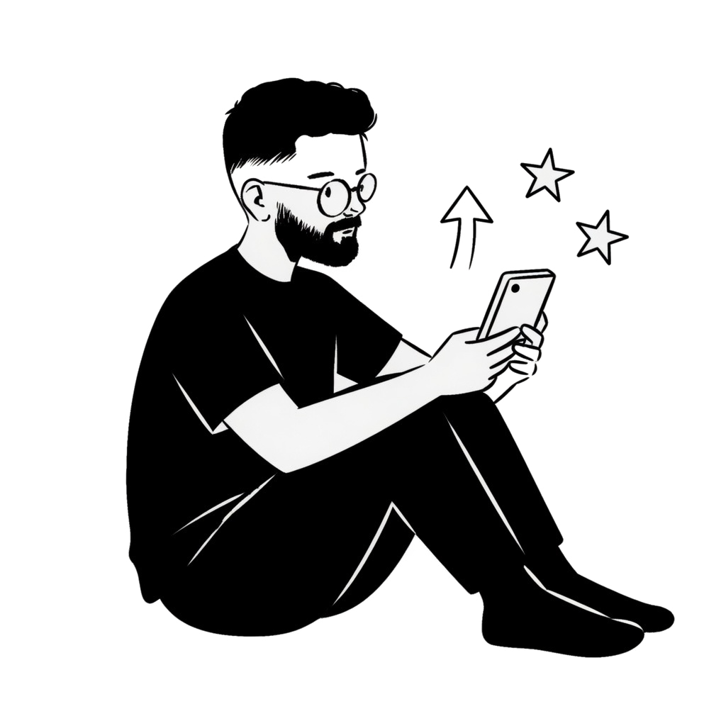 Editorial illustration of Mario reviewing product ratings on a phone