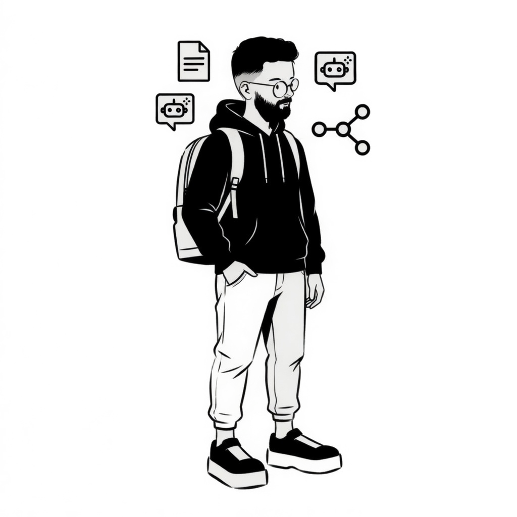 Editorial illustration of Mario standing with AI workflow icons
