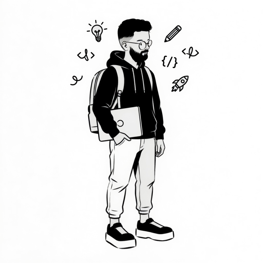 Editorial illustration of Mario standing with a laptop, owning the full product loop