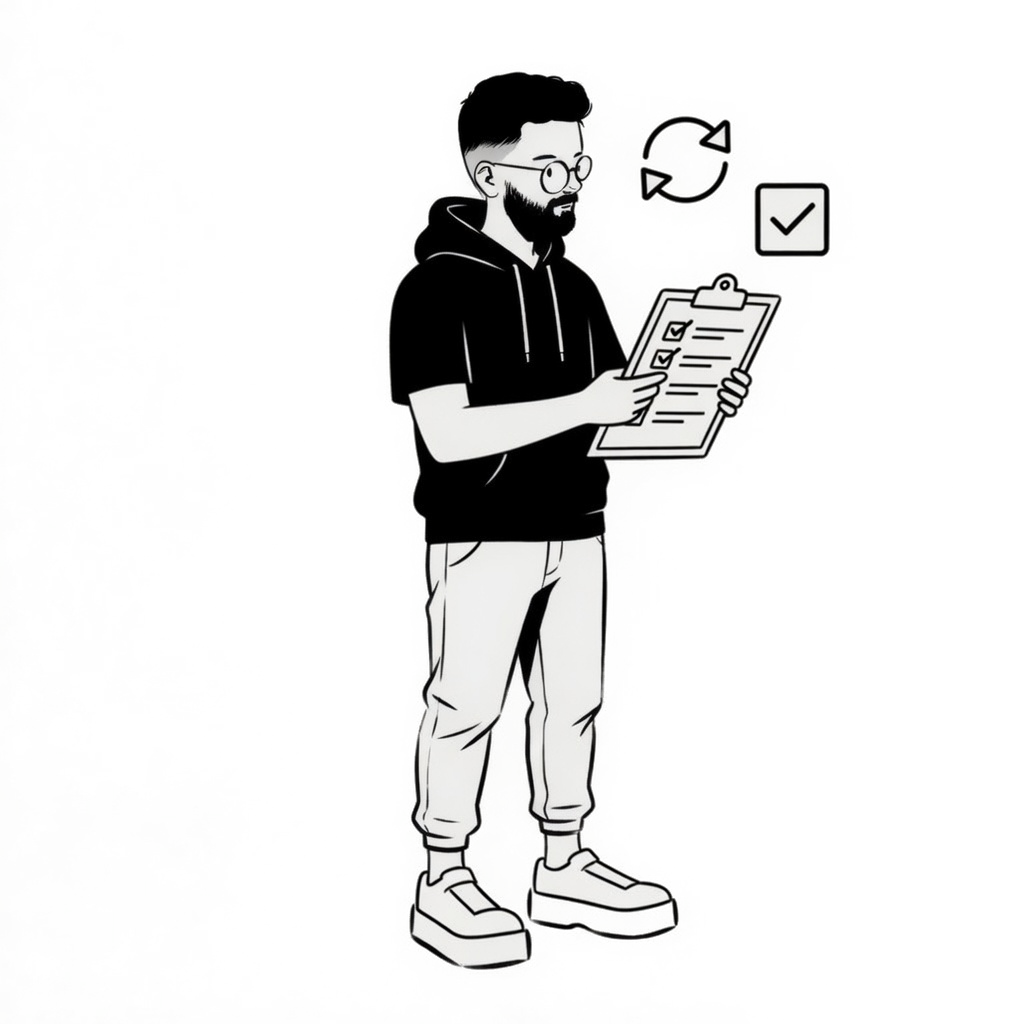 Editorial illustration of Mario standing with a verification checklist